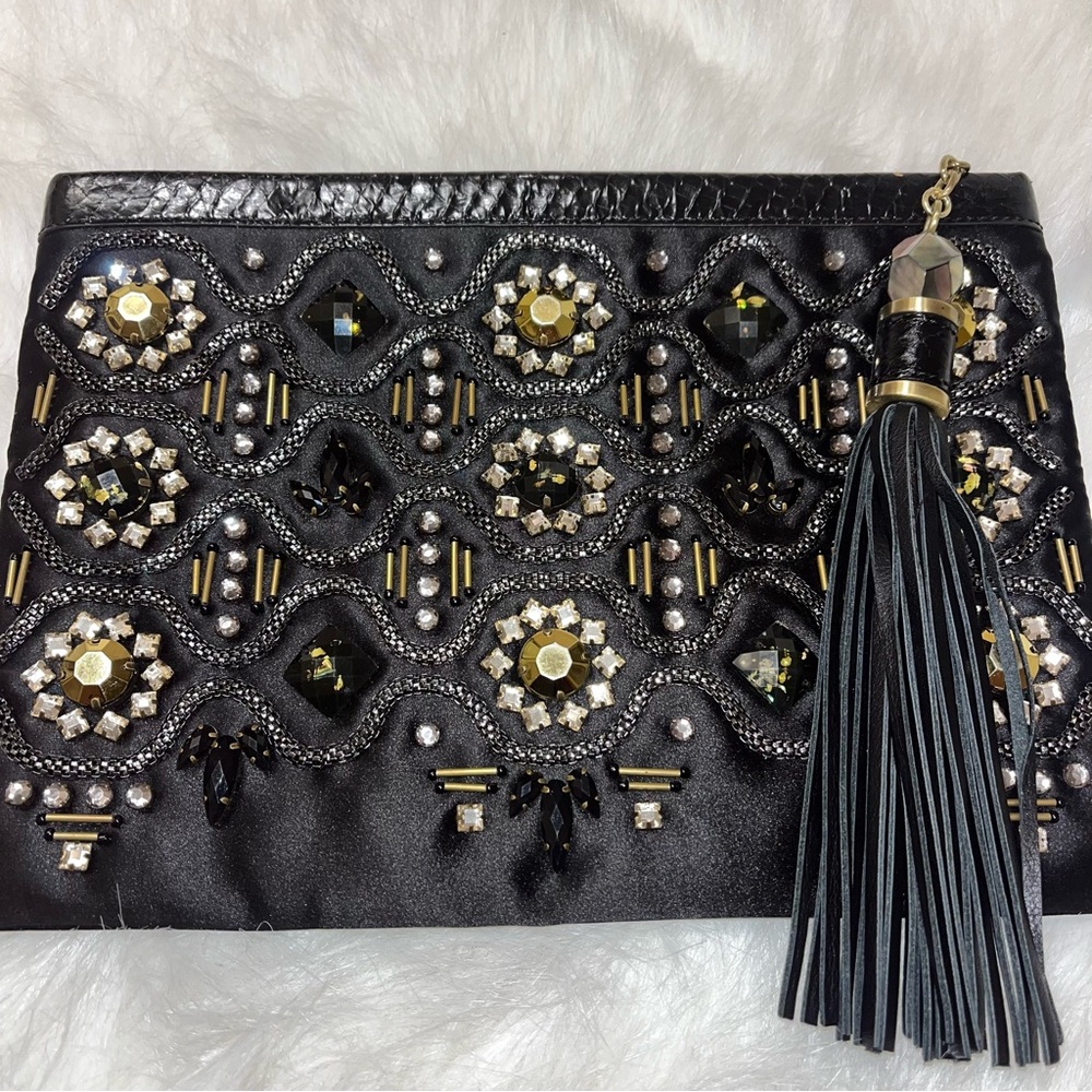 Embellished Rafè Black Clutch with Tassel